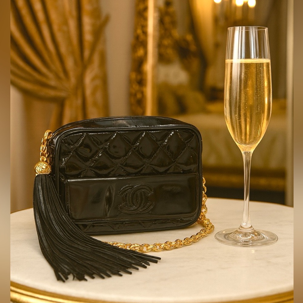 CHANEL Black patent tassel camera bag